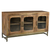 Indian Hand Carved Mango Wood Glass Door Sideboard Natural